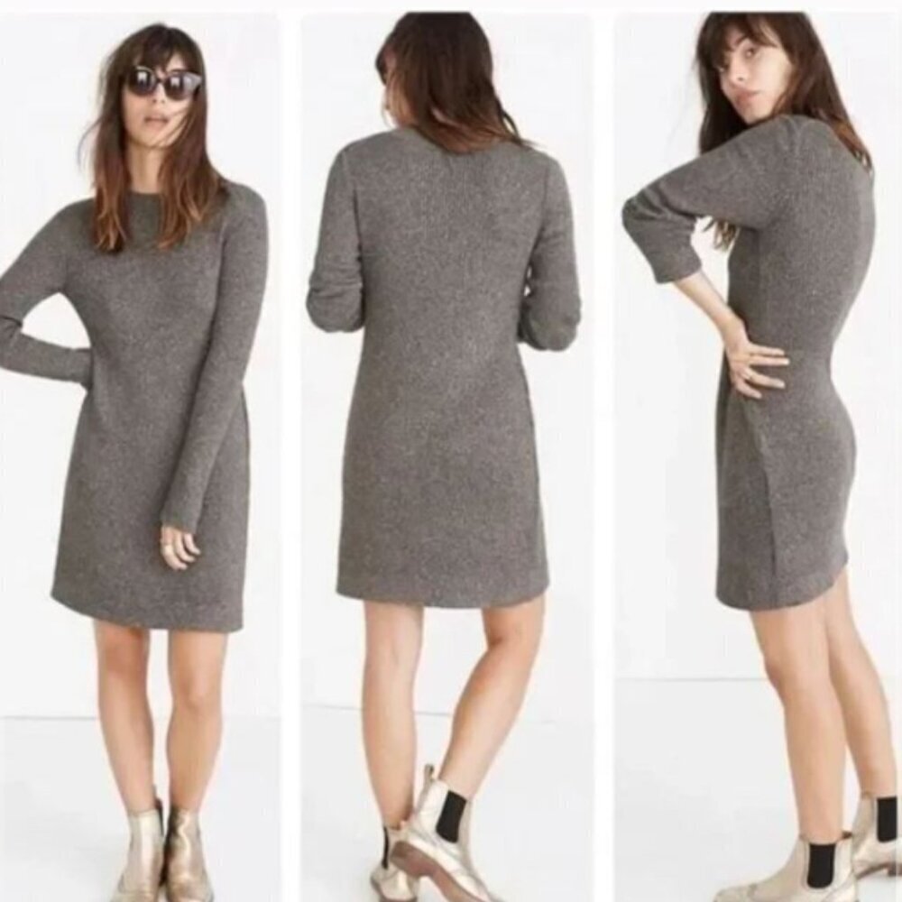 Madewell Night Sparkle Grey w Metallic Gold Ribbed Mock Neck Sweater Dress M EUC